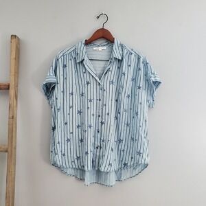 Jane + Delancey Blue Stars & Stripes Short Sleeve Button Down Top Size L